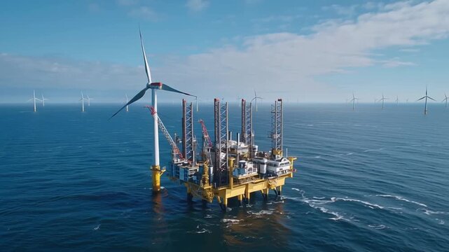 Aerial offshore platform and wind turbine supporting hydrogen energy transition and renewable energy with service vessel, jackup rig, coastal science