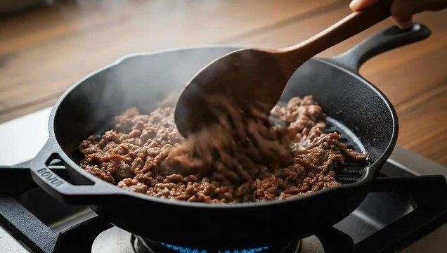 Ground beef is being cooked in a cast iron skillet on a gas stove.