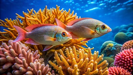 Two colorful fish swim amongst vibrant coral formations in a sunlit underwater environment