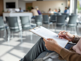 Person filling out form in waiting room with clipboard and pen