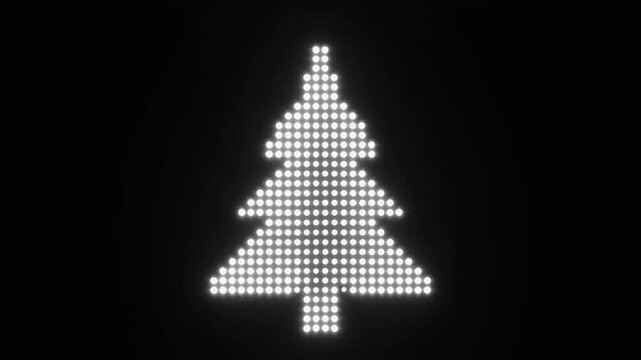 Digital Christmas tree made of glowing white square pixels on a dark background, representing festive holiday season.