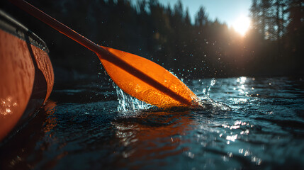 Fototapeta premium Paddle creating splashes in water during colorful sunset