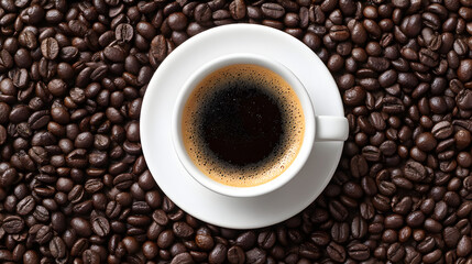 Fototapeta premium Freshly brewed coffee cup on roasted beans background
