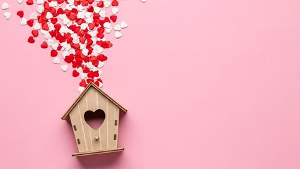 A charming wooden birdhouse with heart shaped confetti on a pink background for valentine s day or love themed decor