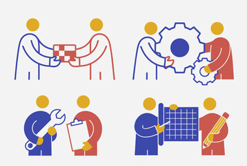 Fototapeta premium Illustrative icons depicting various business and industry collaborations, including exchange, engineering, maintenance, and design.