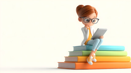 3d character girl studying, reading on a digital tablet
