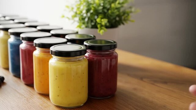 A colorful line of fruit smoothies in jars with black lids on a wooden table, with blueberries