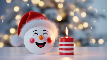 Festive Cheer: A cheerful snowman, adorned with a festive hat, radiates joy as it celebrates the season beside a glowing candle, creating an atmosphere of warmth and delight.