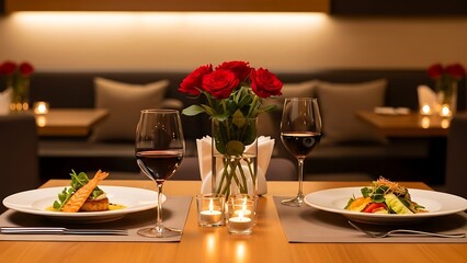 Romantic dinner for two in a cozy restaurant setting with red roses