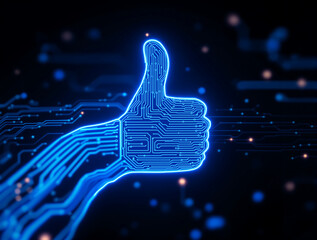 Glowing blue circuit board thumb up symbol for technology approval