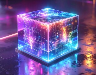 Glowing digital cube on reflective surface, with data visualization
