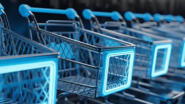 Row of futuristic shopping carts with neon blue glowing details, receding into a dark background
