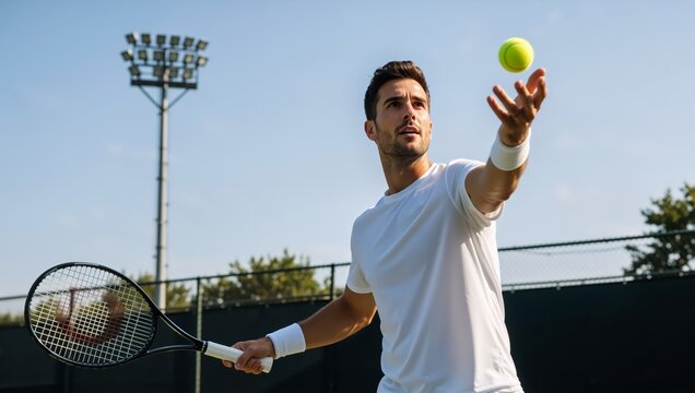Professional Sports: Male Tennis Player in White Tracksuit Preparing to Serve, Tossing Bright Green Ball, Holding Racket on Outdoor Court on Sunny Day.
