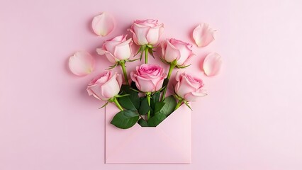 Soft pink roses in a light pink envelope on pastel background with petals