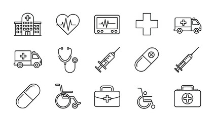 Collection of essential black line art icons representing hospital care medical equipment and emergency services for healthcare design