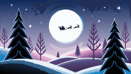 Naklejka premium Santa's nighttime flight over snowy forest