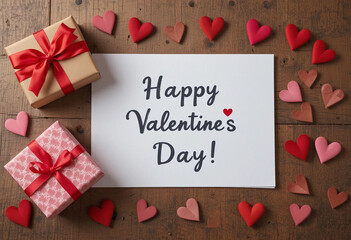 Heart paper and gift box on wooden background. happy valentine's day.