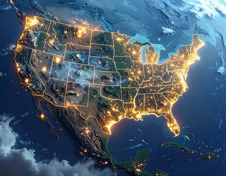 Illuminated view of the United States from space at night, showing city lights - Powered by Adobe
