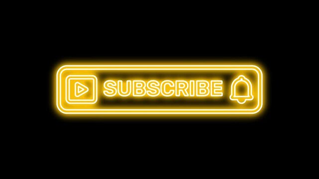 Neon youtube subscribe yellow button. Neon subscribe button with foggy smoke and black background glowing digital engagement concept. High-quality 4K