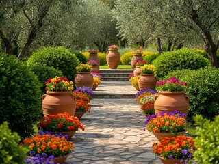 Serene Mediterranean Garden Pathway with Terracotta Pots and Vibrant Spring Flowers