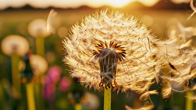 Dandelion Seeds Blowing Away in the Wind During Golden Hour Sunset.