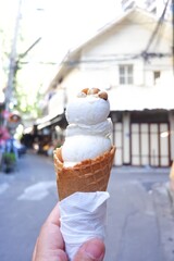 A coconut milk ice cream in a crispy cone ,holding with a woman hand and blurred a small road and a big house