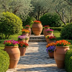 Serene Mediterranean Garden Pathway with Terracotta Pots and Vibrant Spring Flowers
