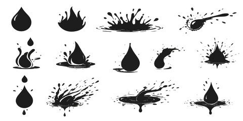 Set of black grunge ink splash and water drop vector icons, illustration, and pattern