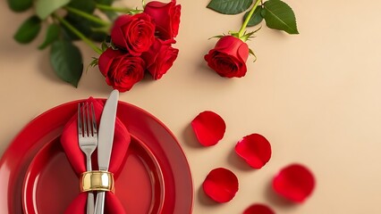 Romantic valentine s day setup with red roses and table setting