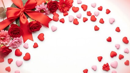 Valentine s day wreath with red flowers ribbon and strawberry petals on white background
