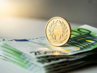 Golden coin on stack of euro banknotes