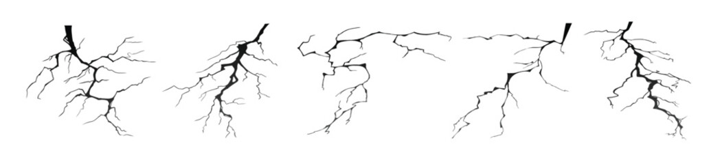 Lightning strike bolt silhouettes vector illustration set.