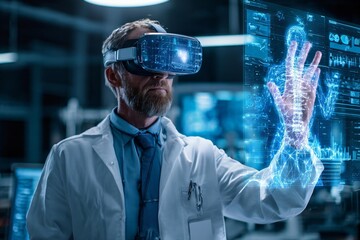 Scientist in lab coat using VR headset and interactive tech