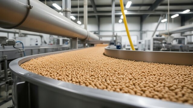 Soybeans on a conveyor belt in a food processing plant