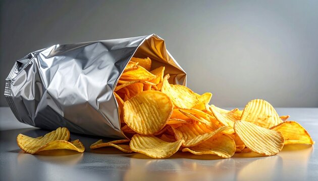 Open metallic snack bag spilling ridged potato chips on smooth surface