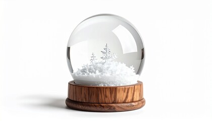 Minimalist snow globe with white snow mound and wooden base on white background
