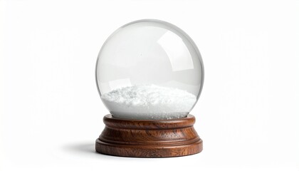 Minimalist snow globe with white snow mound and wooden base on white background