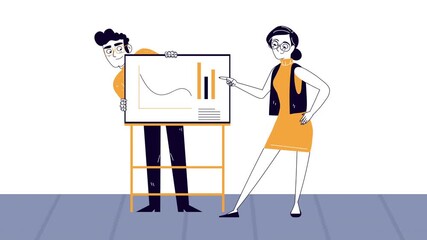 Animated Colleagues Presenting Data Charts On A Flipchart. Flat graphic animated cartoon - Powered by Adobe