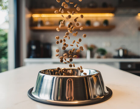 Dry dog food falling into a stainless steel bowl kibble