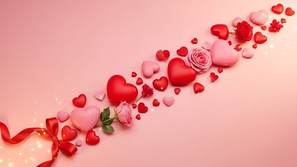 Romantic pink background with a cascade of red and pink hearts and flowers