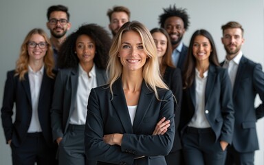 A diverse group of businesspeople poses for a professional team photo, exuding confidence and professionalism, while looking smart and impeccable. Generative AI. High quality