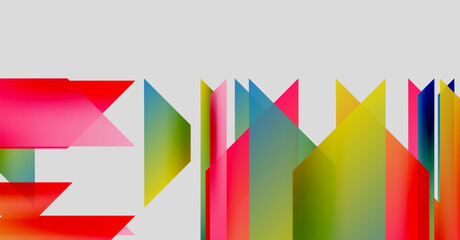 Abstract geometric shapes overlap, creating vibrant colorful composition. Modern design with sharp angles, gradients.