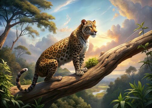 A majestic leopard stretches its lithe body on a gnarled branch high above the forest floor in the warm sunlight of a tropical savannah