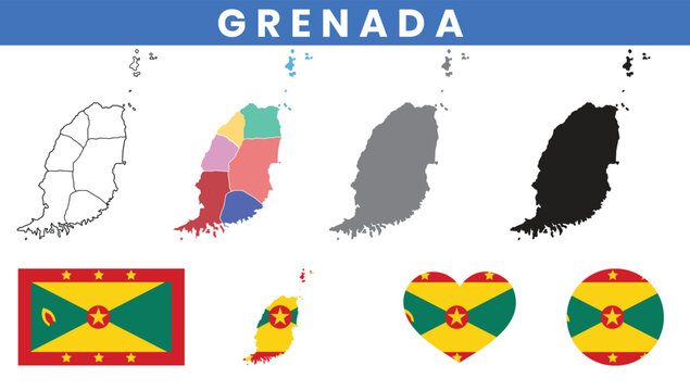 Grenada map set with parishes outline silhouette and national flag icons