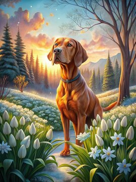 A regal Broholmer Hund enjoys a spring morning stroll through a colorful winter landscape, surrounded by Schneeglckchen and Winterling flowers in a v