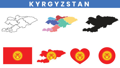 Kyrgyzstan Map and Flag Vector Set