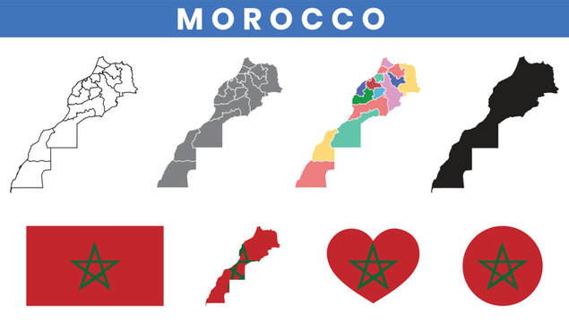 Kingdom of Morocco Map and Flag Vector Set