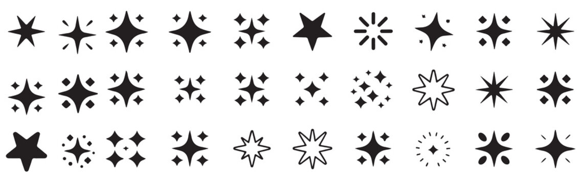 thirty black sparkle star twinkle icons set isolated