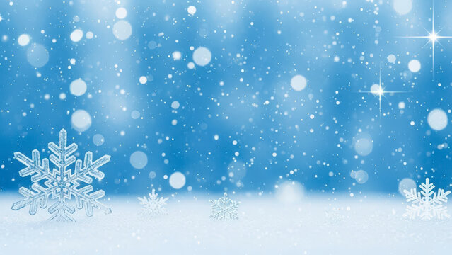 Bright Snowflake Decorations on Snowy Surface with Falling Snow and Blue Bokeh Background