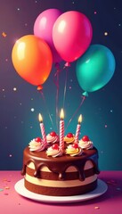 Chocolate birthday cake with balloons, vector illustration , party supplies, joy, design